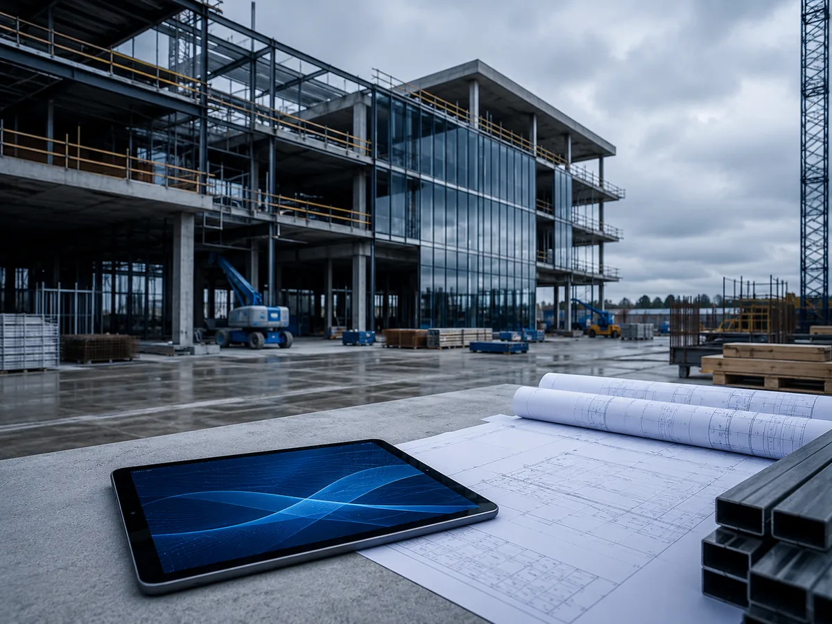 Professionals in a construction setting working with well-managed business technology