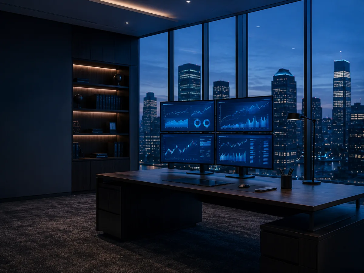 Professionals in a financial services setting working with well-managed business technology