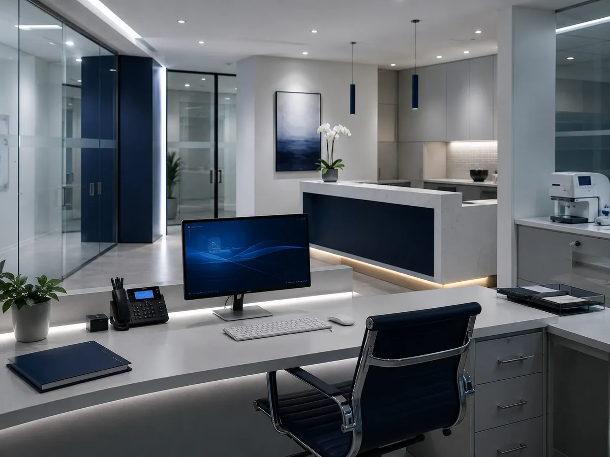 Professionals in a healthcare setting working with well-managed business technology
