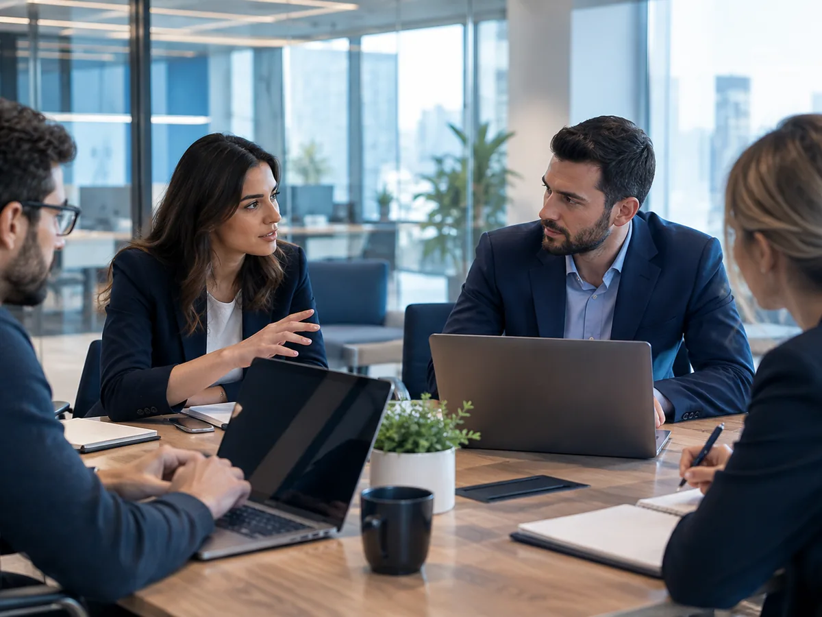 Professionals in a professional services setting working with well-managed business technology
