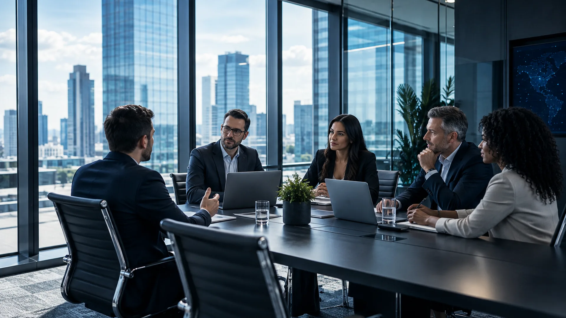 Business team collaborating across locations using cloud productivity tools