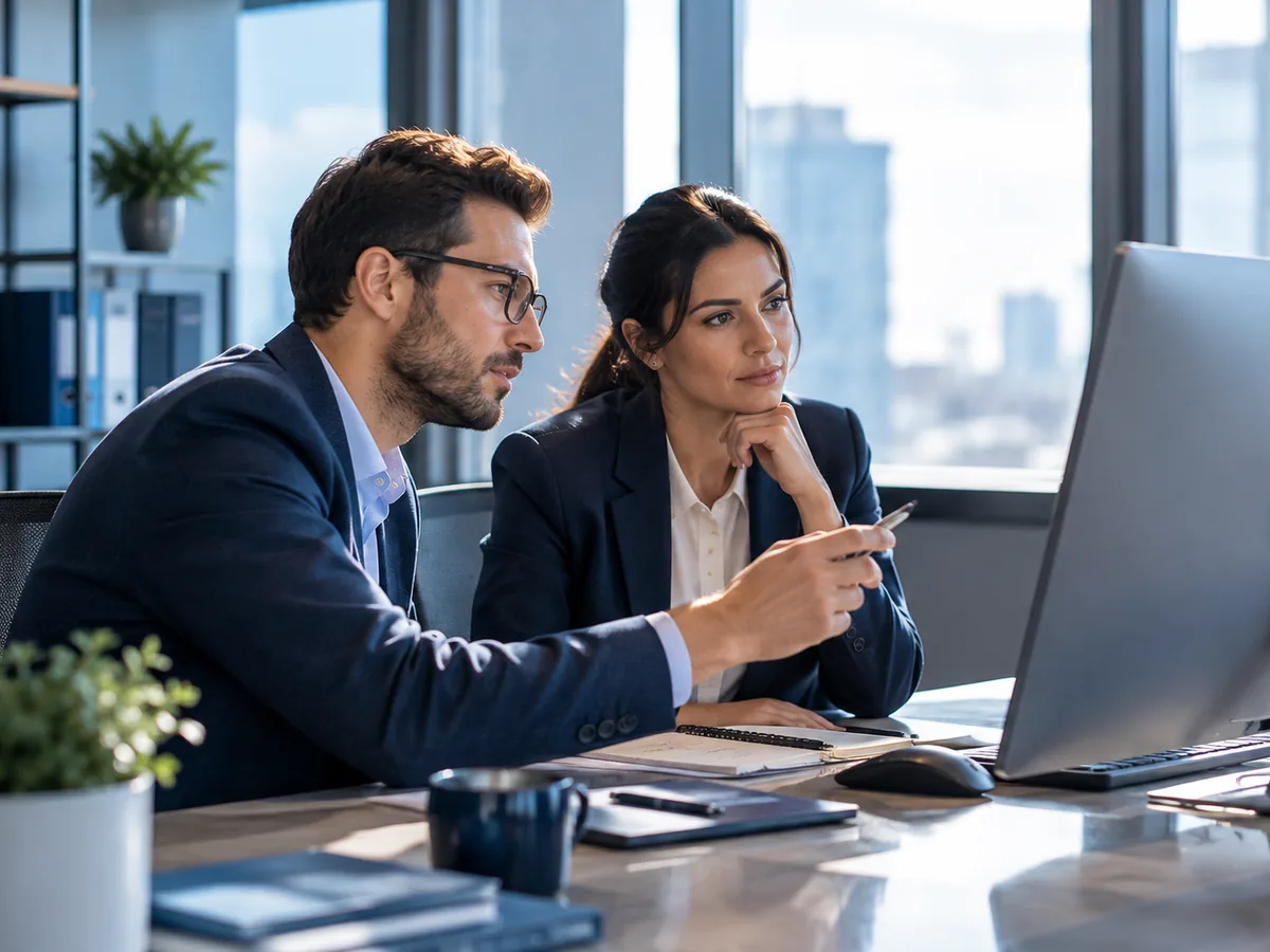 Accountants reviewing client financial records on secure, well-managed workstations