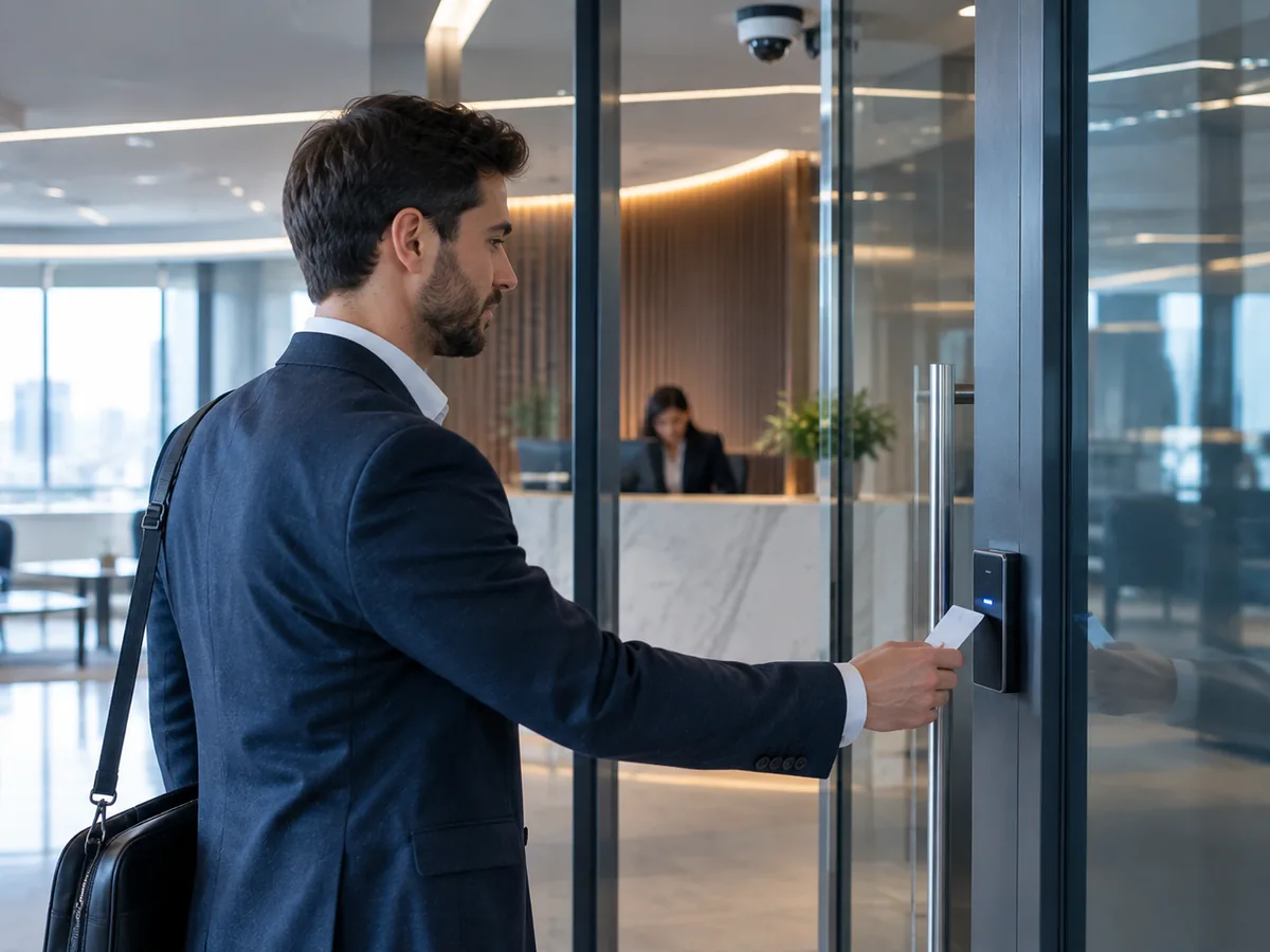 Office entrance with an electronic access reader and a discreet ceiling camera