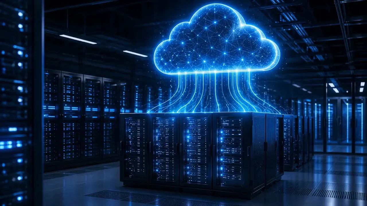Cloud backup infrastructure connected to server racks in a secure data centre