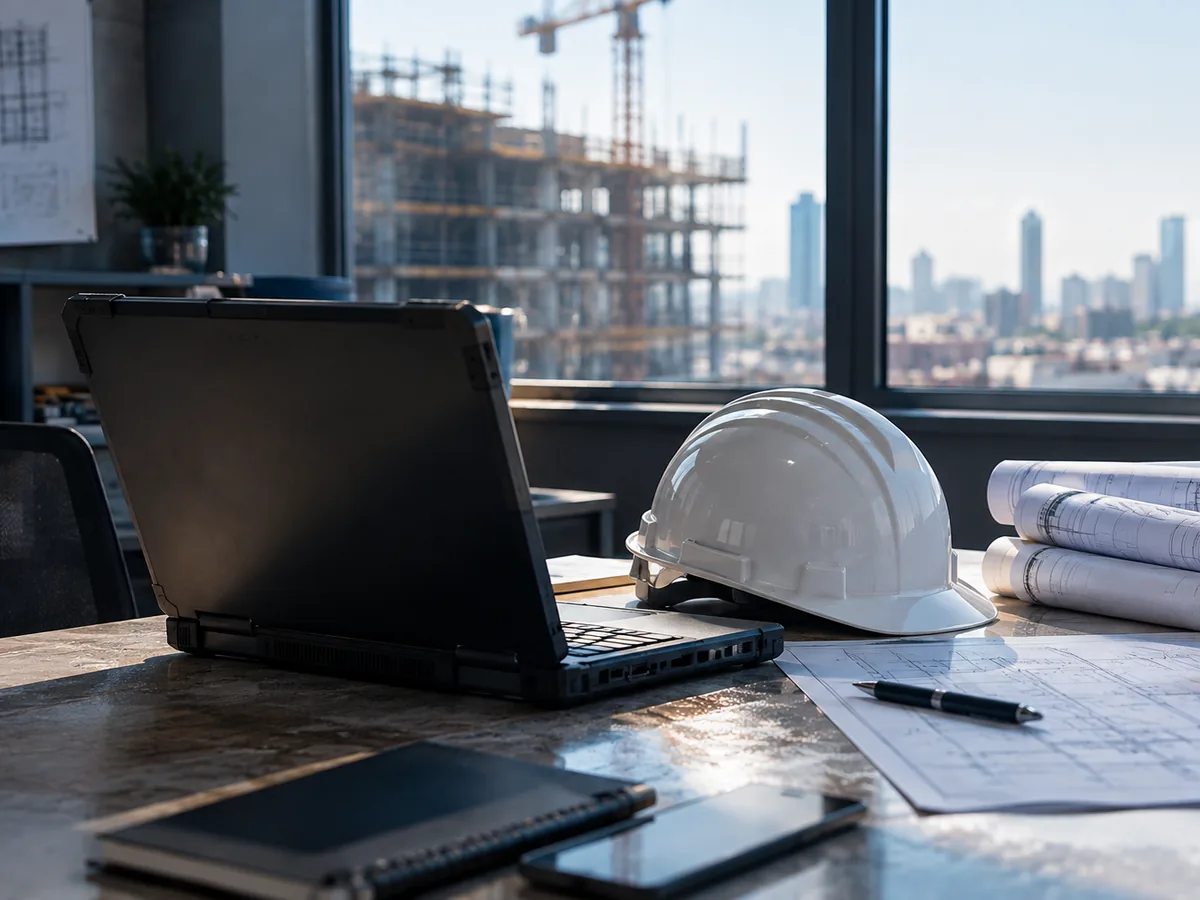 Professionals in a construction setting working with well-managed technology