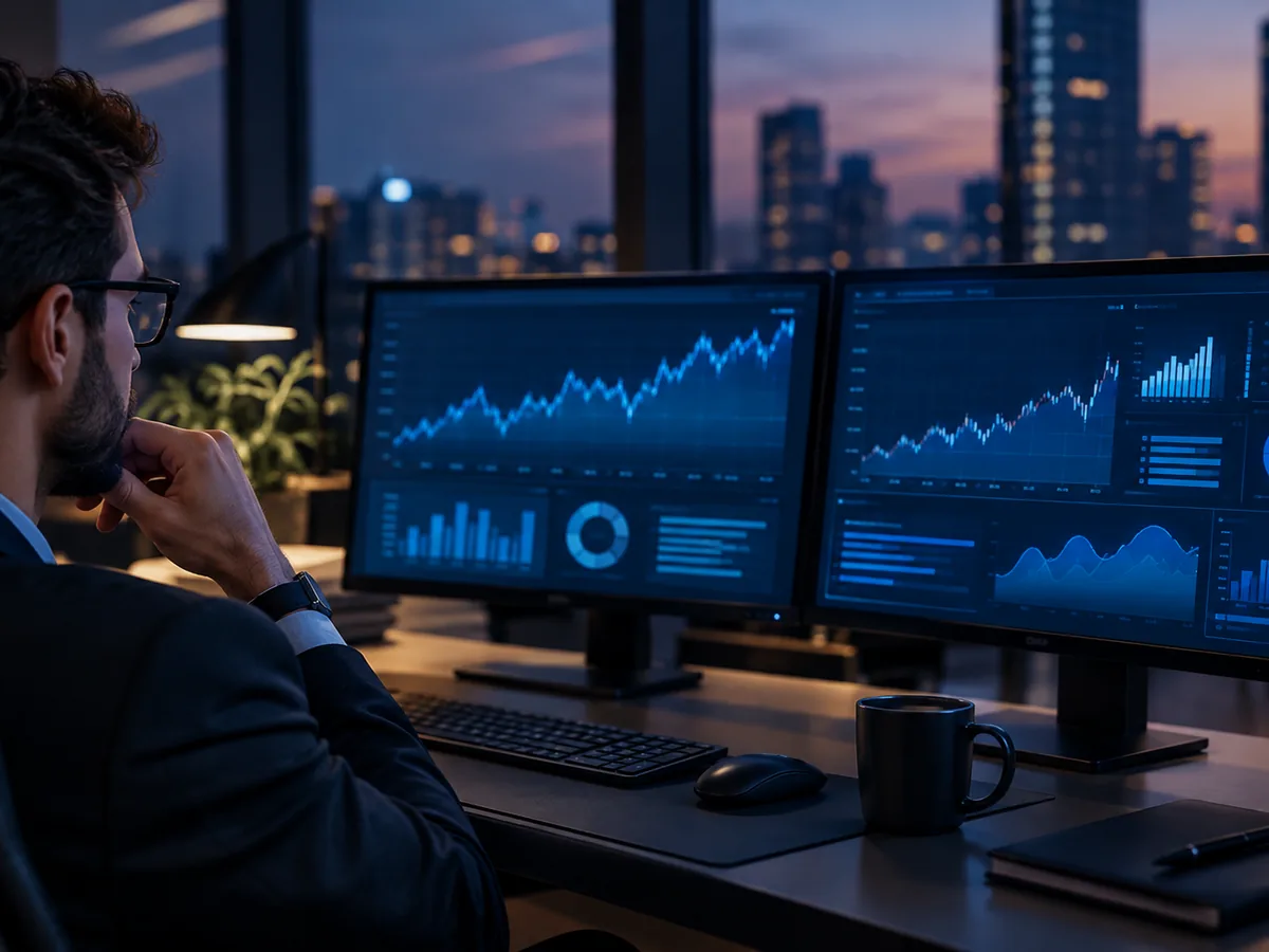 Professionals in a financial services setting working with well-managed technology