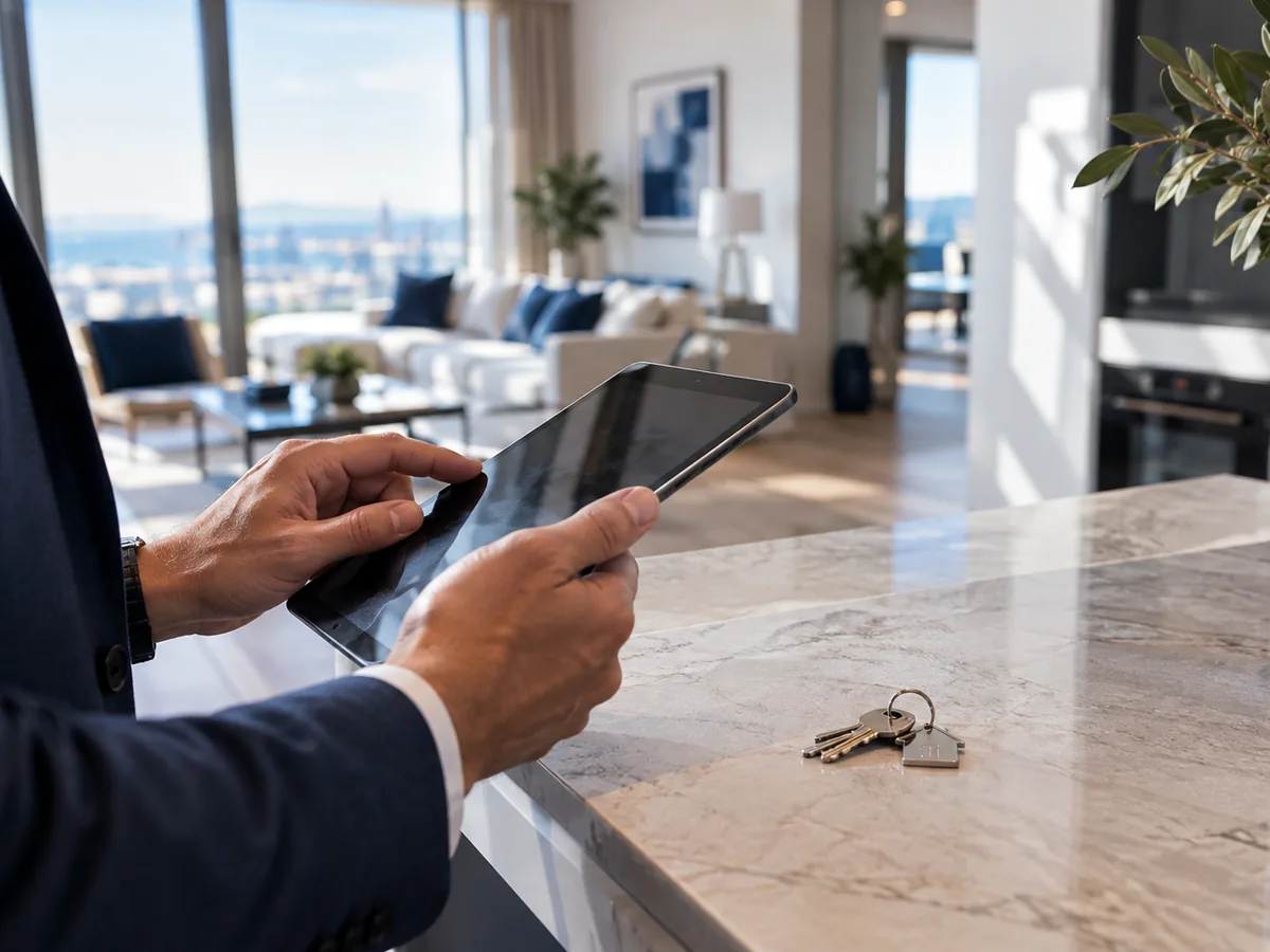 Professionals in a real estate setting working with well-managed technology